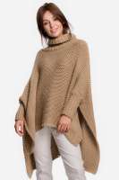 asymetryczny sweter-ponczo z golfem - kamelowy
