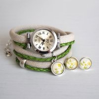 Komplet - wiesiołek - zegarek i kolczyki