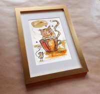 kot 2 - obrazek malowany kawą