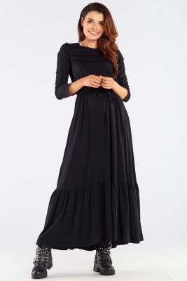 maxi sukienka z długim rękawem z falbanką na dole - czarna