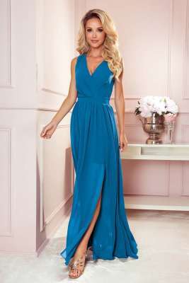 maxi sukienka z wiązanym wycięciem na plecach - niebieska