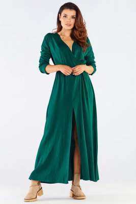maxi wiskozowa sukienka z kopertowym dekoltem - zielona