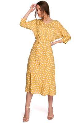 midi sukienka w grochy z nietoperzowym rękawem - żółta