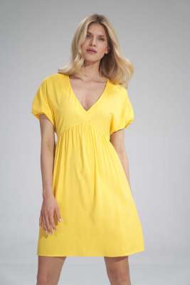 sukienka o luźnym kroju z bufkami - żółta