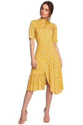 sukienka w grochy z asymetryczną falbanką - żółta