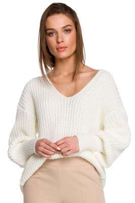 sweter v- neck z szerokim ściągaczem - ecru