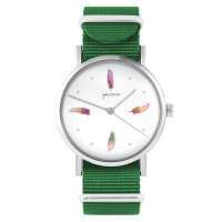 zegarek - kolorowe piórka - zielony, nylonowy