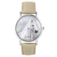 zegarek yenoo - biały koń - skórzany, beżowy